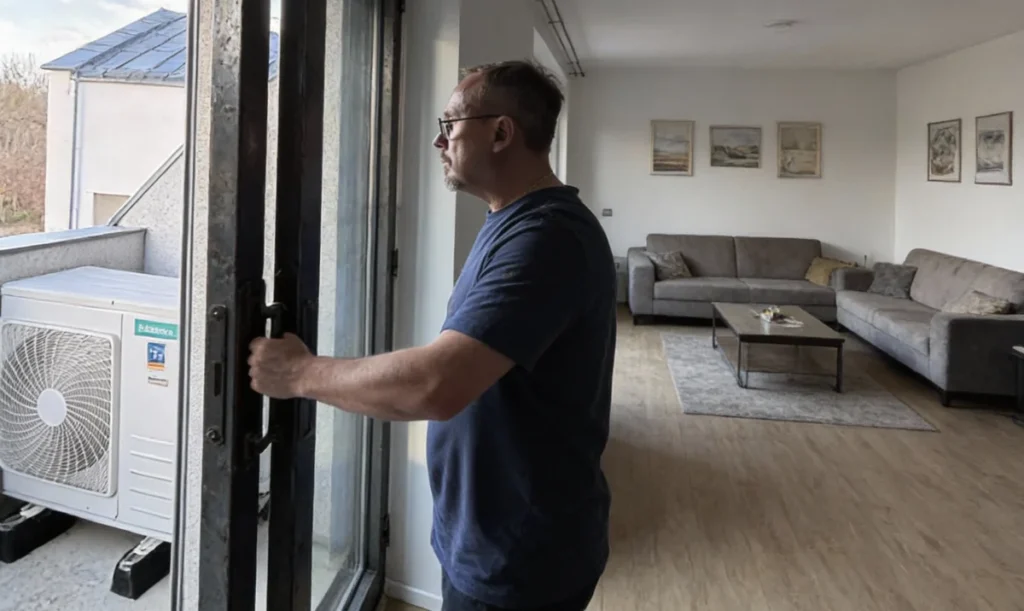 Homme en t-shirt bleu ouvre une porte-fenêtre dans un salon moderne.