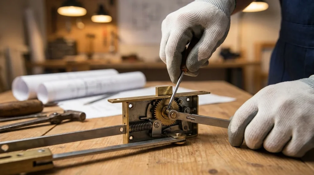 Gros plan sur les mains d'un technicien ajustant avec soin le mécanisme d'une crémone de fenêtre à l'aide d'outils précis. On voit les détails des composants de verrouillage multipoints, dans un atelier.