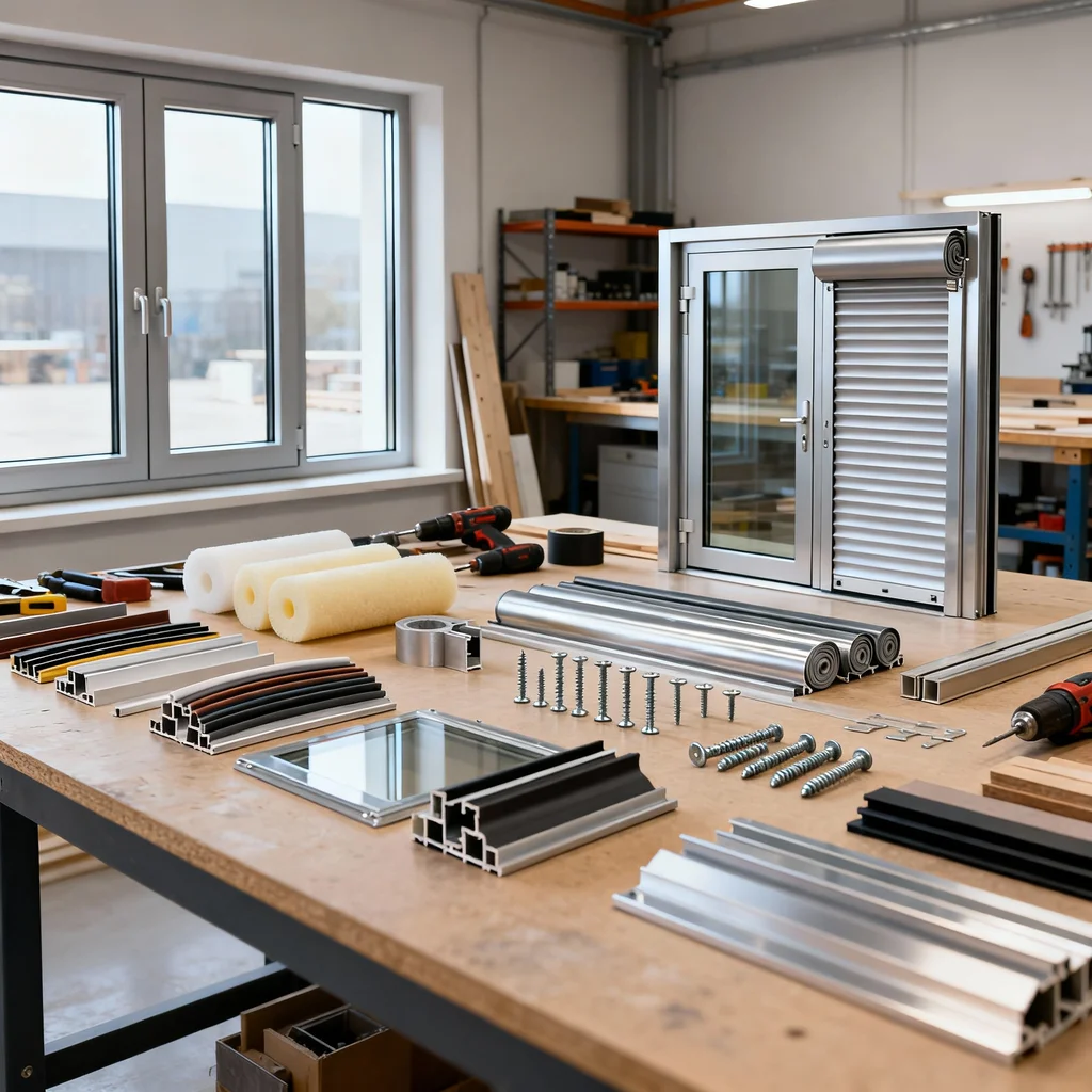 Atelier avec pièces de fenêtre : profils, poignées, verre, vis et joints disposés sur une table de travail.
