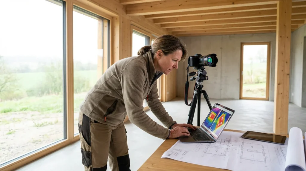 Un auditeur énergétique examine des données thermiques sur son ordinateur portable dans une maison passive moderne. On voit un appareil photo infrarouge sur un trépied à côté de lui. L'intérieur est lumineux et épuré.