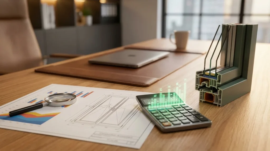 bureau bien organisé d'un comptable du bâtiment avec un document d'analyse coût-bénéfice, spécifications de cadres de fenêtres thermiques, une calculatrice affichant des économies et une petite plante verte à côté.