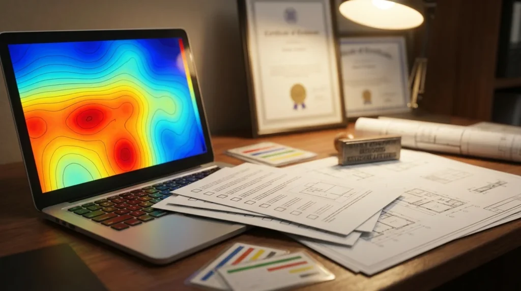 Sur un bureau bien rangé d'un ingénieur, on voit un ordinateur portable avec un logiciel d'analyse thermique affichant des isothermes colorés. Des documents techniques imprimés sont dispersés autour, prêts pour une simulation thermique.