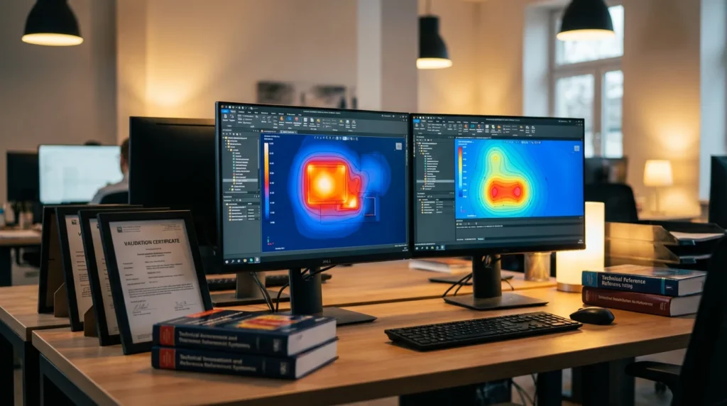 Poste de travail d'un ingénieur thermique avec deux écrans affichant des simulations thermiques. On voit des visualisations colorées de flux de chaleur et des lignes isothermes. Un certificat de validation est posé à côté.