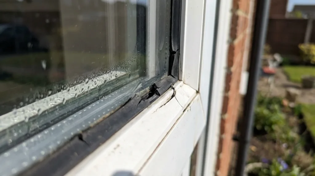 Gros plan sur un cadre de fenêtre en PVC avec des joints en caoutchouc abîmés. Les fissures et les espaces sont bien visibles sous la lumière du jour, montrant l'usure du temps.