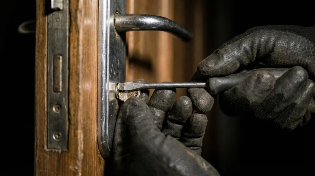 Gros plan sur les mains d'un cambrioleur essayant de forcer une serrure avec un tournevis. On voit le mécanisme de la porte depuis l'extérieur, là où la poignée est vulnérable.