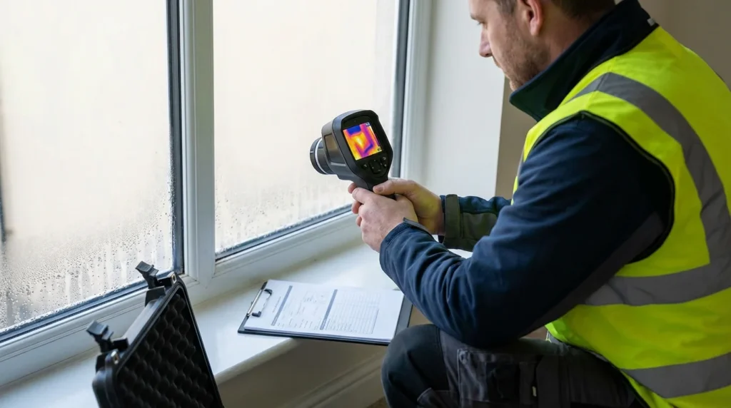 Un inspecteur du bâtiment utilise une caméra thermique pour vérifier la condensation sur une fenêtre à double vitrage. On voit des gouttelettes d'eau le long du verre.