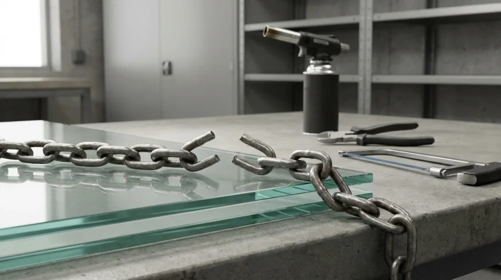 Une chaîne de sécurité cassée repose sur une coupe transversale de verre feuilleté P4A, montrant ses couches de verre et film PVB. Un chalumeau et des outils de coupe sont à côté, suggérant une tentative de perçage ou de découpe.