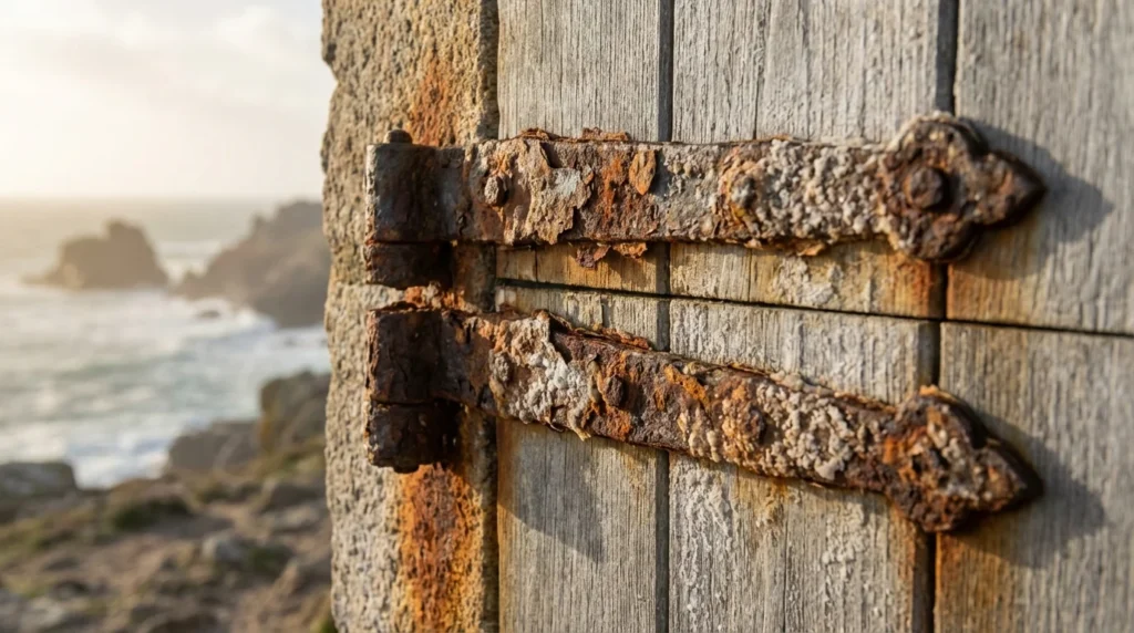Charnières métalliques sur une porte d'un bâtiment côtier, couvertes de rouille avancée et de dépôts de sel blanc. La lumière du matin met en valeur les motifs de corrosion orange-brun.