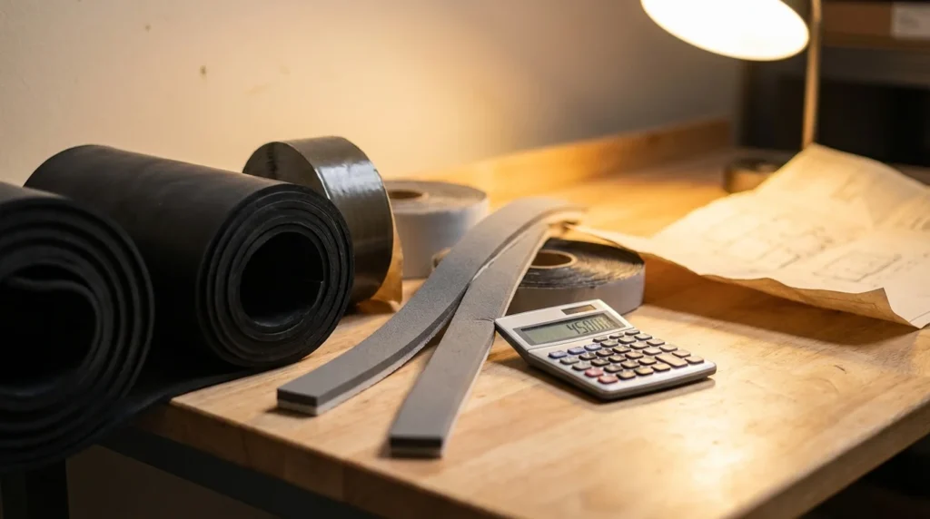 Gros plan sur une scène de comparaison de coûts d'installation de fenêtres. On y voit des rouleaux de membrane EPDM, du ruban butyle et des bandes compriband bien disposés à côté d'une calculatrice.