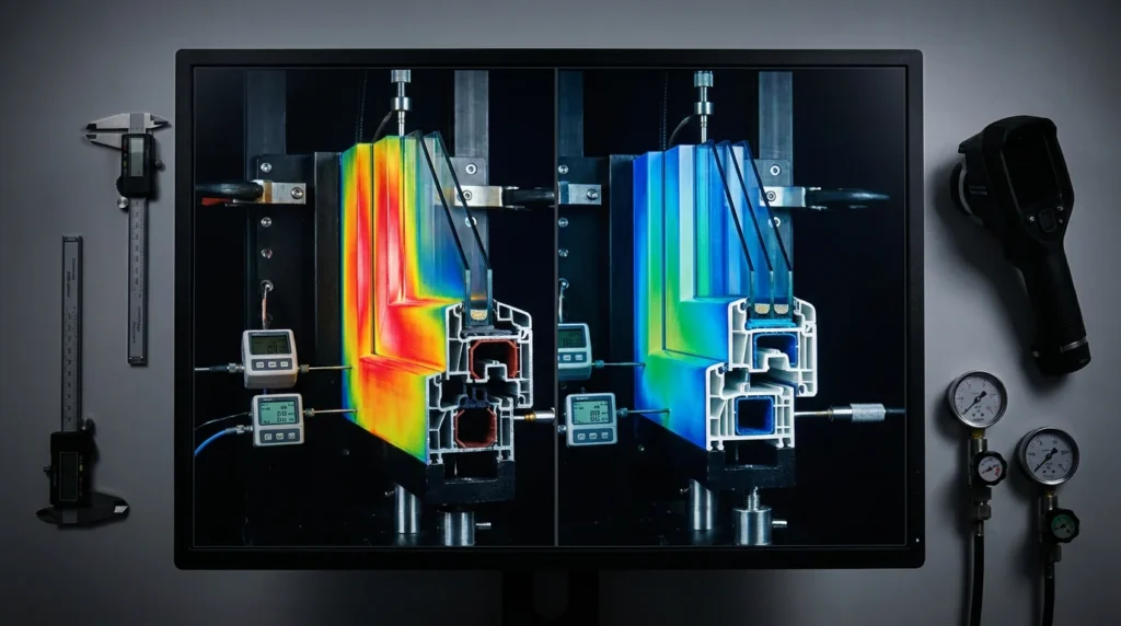 Comparaison en écran partagé de profils de fenêtres en aluminium et PVC sous test thermique. On voit bien la technologie de rupture thermique. L'image montre les différences de performance entre les deux matériaux.
