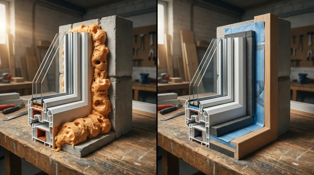 Comparaison de deux fenêtres en coupe sur une table de travail. À gauche, une installation avec isolation en mousse simple, et à droite, une fenêtre avec une isolation plus avancée, montrant les différences dans les matériaux utilisés.