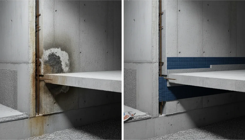 À gauche, on voit un détail de construction traditionnelle avec un pont thermique visible. À droite, un design moderne sans pont thermique apparent. Les deux comparaisons sont côte à côte sur un fond neutre.