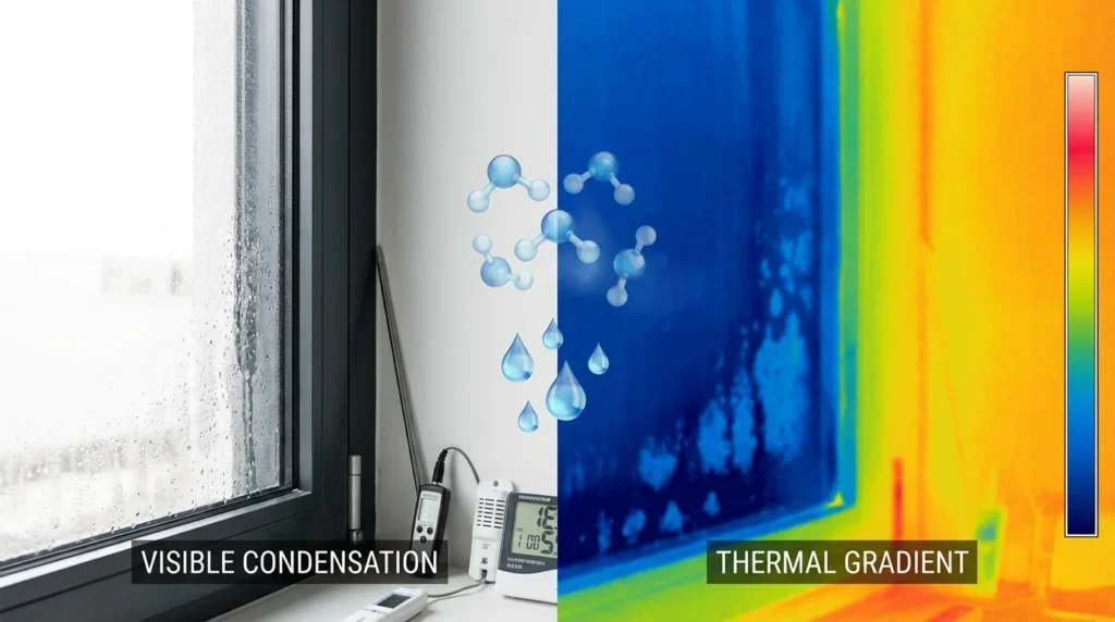 Image thermique d'architecture montrant la jonction d'une fenêtre et d'un mur. On voit des gouttes de condensation sur le verre froid près du cadre. Vue partagée avec une photo normale à côté.