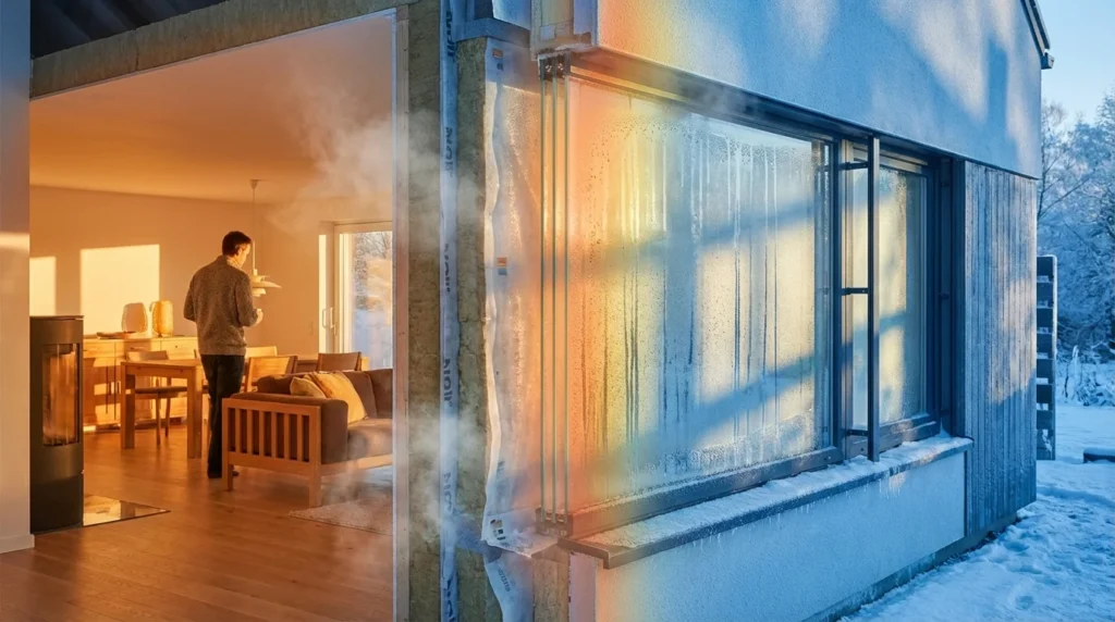 Détail architectural d'un bâtiment moderne, montrant une coupe transversale. On voit la différence de température entre l'intérieur chaud et l'extérieur froid, avec une condensation visible sur le mur.