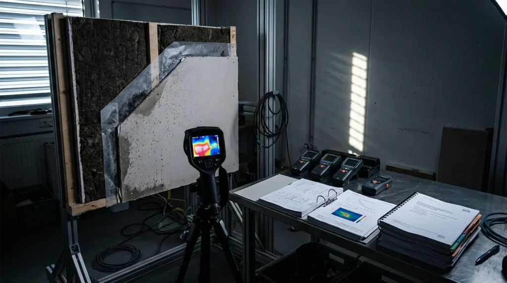 Une photo d'un labo de physique du bâtiment avec un échantillon de mur en coupe. On voit une zone de condensation entre l'isolation et le placo. Une caméra thermique est posée à côté pour analyser la situation.