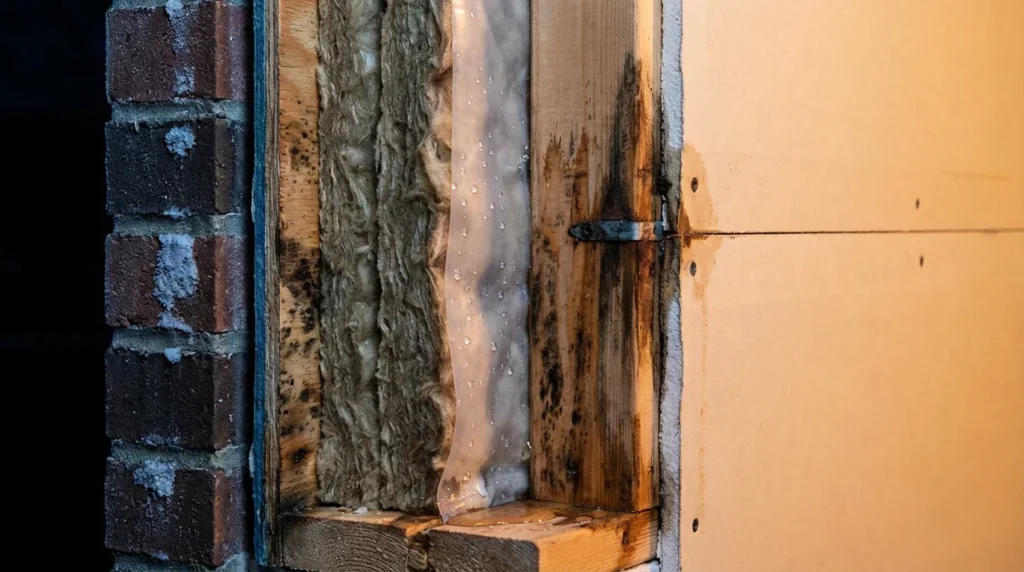 Photographie d'une coupe architecturale montrant de la condensation dans un mur. On voit des gouttelettes d'eau entre les couches d'isolation et le pare-vapeur, illustrant l'accumulation d'humidité.