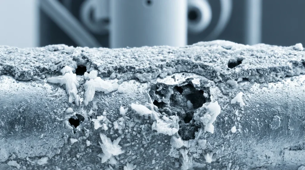 Une photo macro scientifique montre un revêtement de zinc attaqué par des chlorures. On observe des produits de corrosion blancs, formant des motifs cristallins sur l'acier galvanisé.