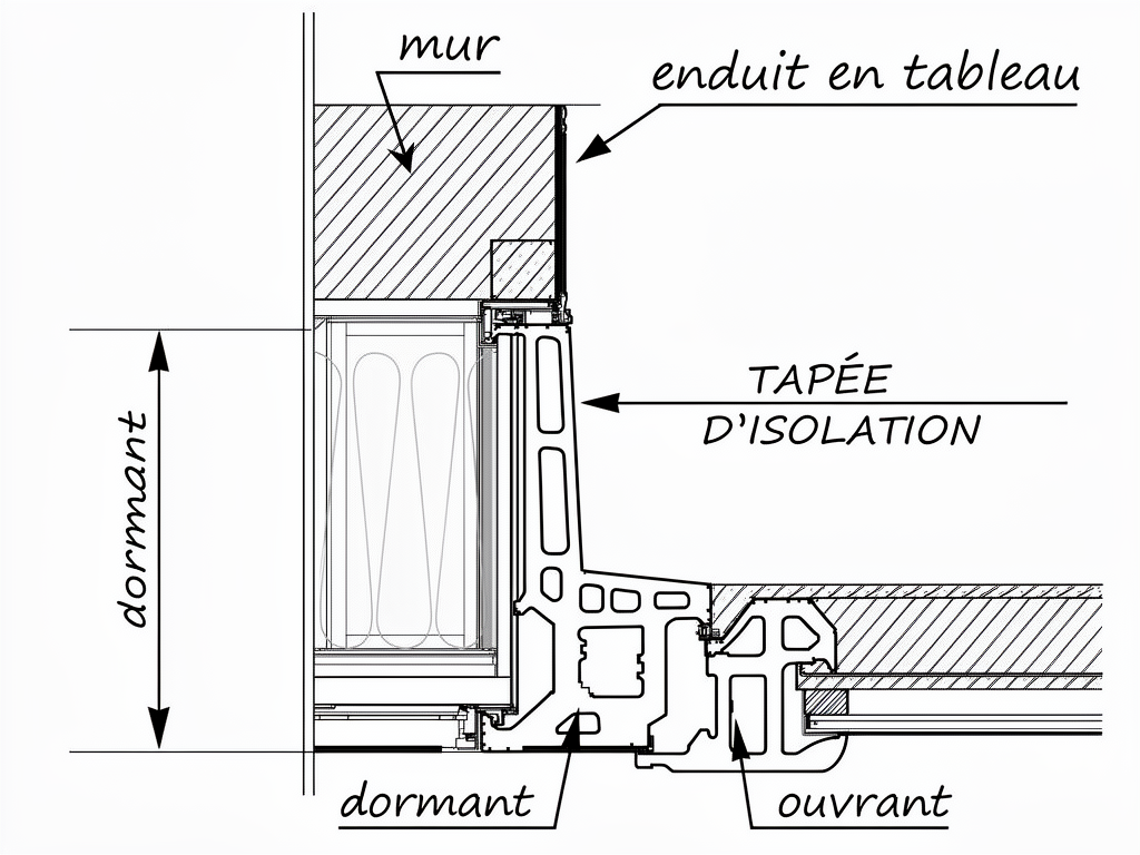 Coupe technique d'une fenêtre avec mur, dormant, ouvrant et tapée d'isolation.