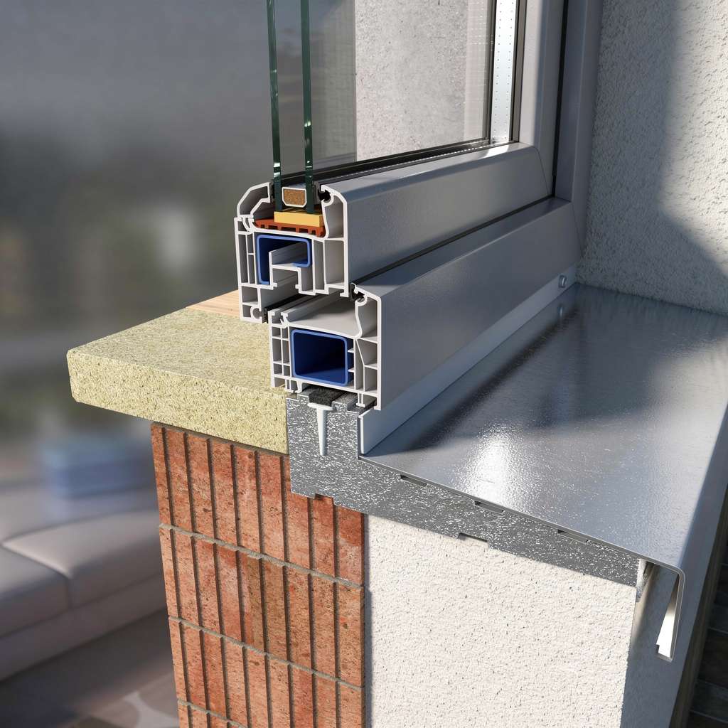 Coupe transversale d'une fenêtre avec profilés, matériaux isolants, cadre en PVC et double vitrage, sur un mur en briques.