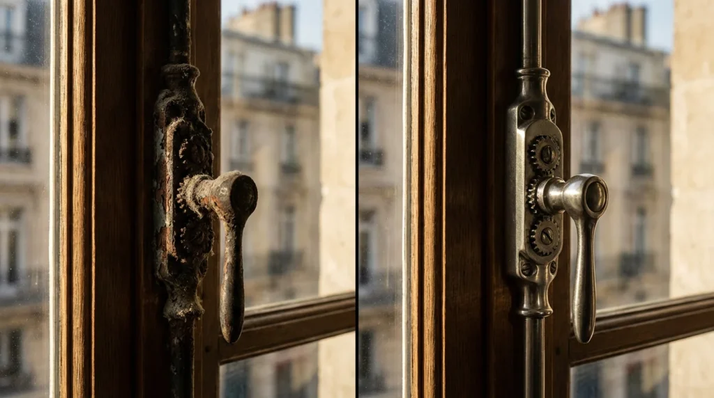 Gros plan d'un mécanisme de crémone de fenêtre endommagé. On voit l'usure, l'oxydation et la poussière accumulée sur les pièces métalliques. L'image est partagée pour comparer deux états du mécanisme.