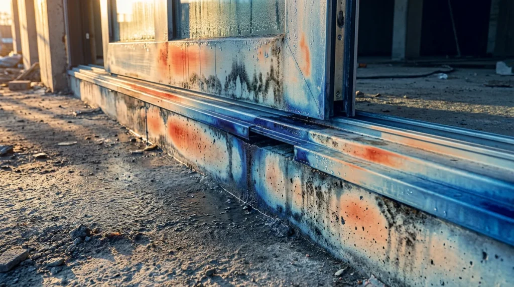 Gros plan sur un seuil de porte coulissante avec un défaut d'installation. On voit un pont thermique au niveau de la jonction métal-béton, avec de l'humidité apparente.