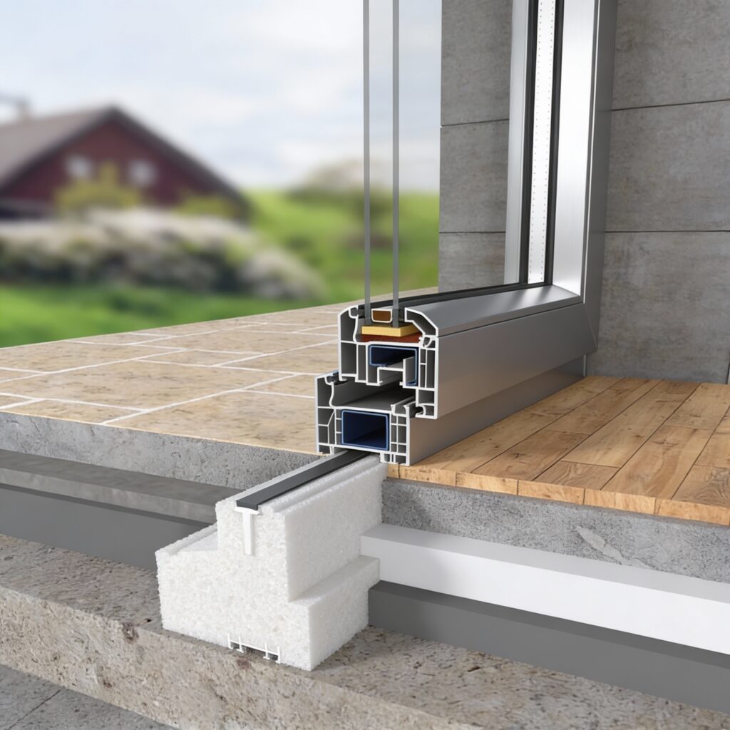 Vue sectionnelle détaillée d'un cadre de fenêtre moderne avec double vitrage, profilés isolants et jointures étanches.