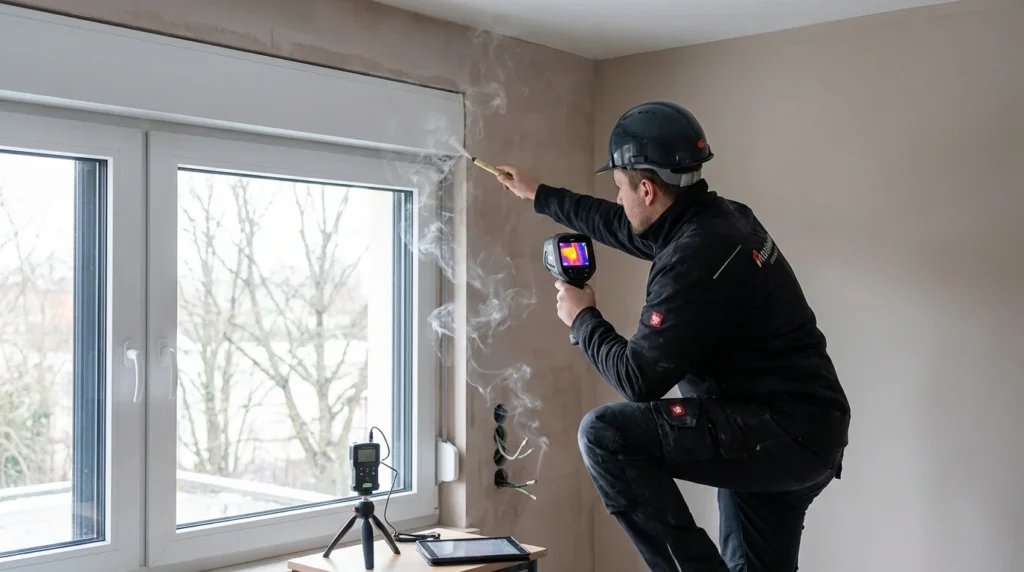 Un technicien utilise un crayon à fumée pour détecter les infiltrations d'air près du plafond. On voit une image thermique montrant la jonction d'un coffre de volet roulant avec un mur en maçonnerie. L'intérieur est moderne et bien éclairé.