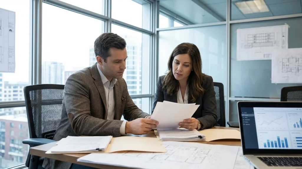 Un propriétaire discute avec un expert en construction dans un bureau moderne. Ils examinent des documents techniques et des assurances étalés sur un bureau. L'ambiance est professionnelle et concentrée.