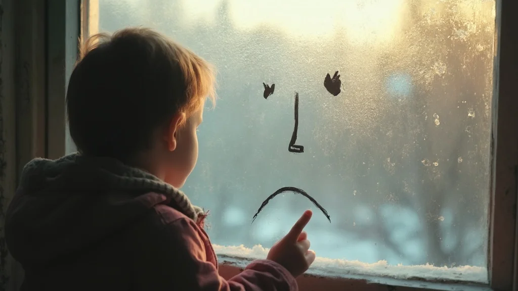 Un enfant regarde à travers une fenêtre gelée avec un dessin de visage triste.