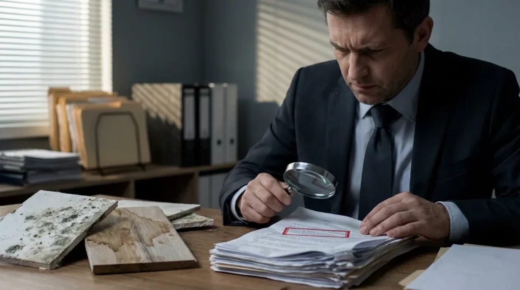 Un expert en assurance, sérieux et en costume, examine des documents de dégâts des eaux à son bureau. On voit un tampon "rejeté" et des échantillons de matériaux endommagés par l'humidité sur la table.