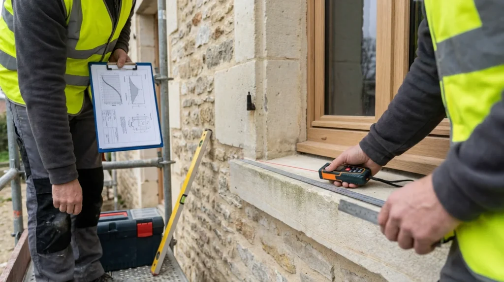 Un expert en bâtiment mesure avec précision le seuil d'une fenêtre d'un immeuble français. Il utilise des outils techniques pour vérifier la hauteur de protection contre l'eau, concentré sur son travail.