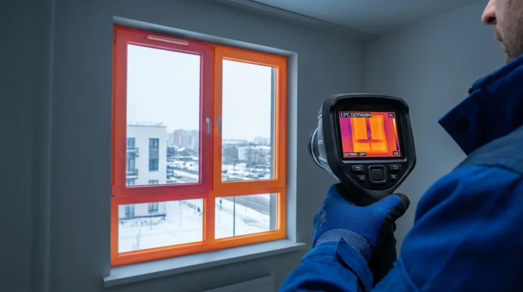 Fenêtre avec cadre orange, deux vitres, poignée visible, test avec caméra thermique, vue extérieure neigeuse.
