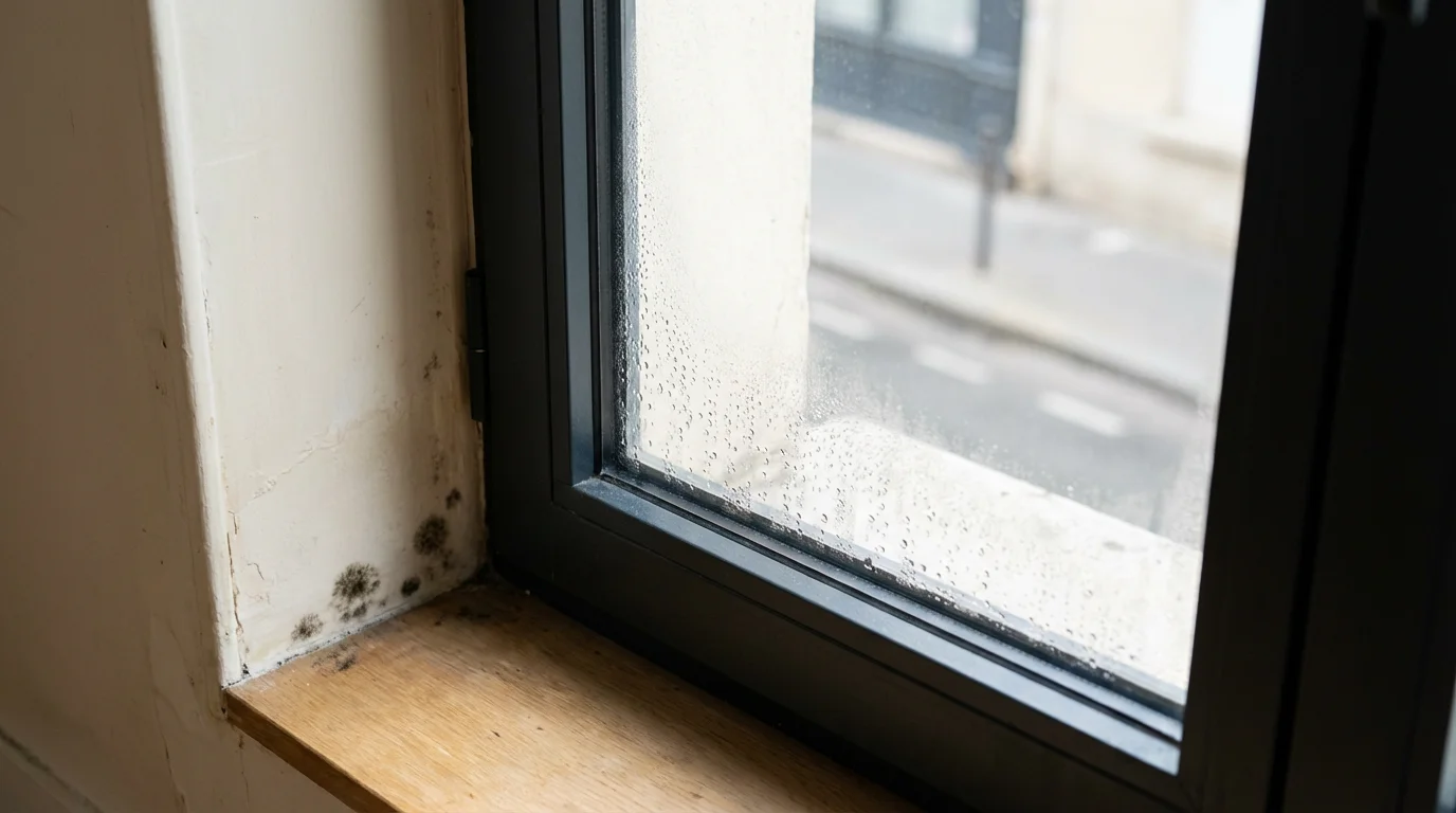 Une photo montre une fenêtre moderne installée dans un vieil immeuble français. Des gouttelettes de condensation se forment à l'intérieur du verre, contrastant avec le charme ancien de l'appartement.