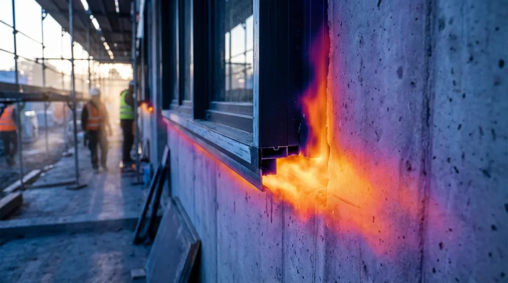 Une vue rapprochée d'une fenêtre en cours d'installation, montrant l'écart entre le cadre en aluminium et le mur en béton. Une superposition thermique révèle une perte de chaleur en dégradés orange-rouge vif.