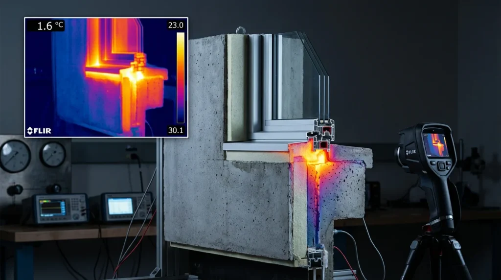 Image thermique d'une fenêtre avec un pont thermique. On voit une section en coupe où la chaleur s'échappe, montrée en rouge et orange sur la photo infrarouge. Cela indique une perte de chaleur importante à cet endroit.