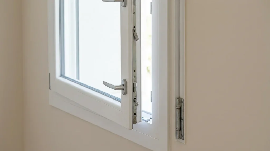 Une fenêtre moderne en PVC blanc avec du verre renforcé anti-effraction. On remarque des composants standards comme des charnières basiques et une serrure simple.