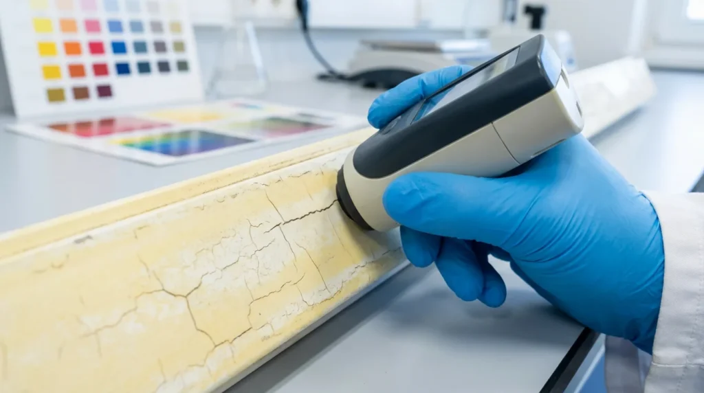 Un gros plan d'une fenêtre en PVC blanc vieilli avec des traces de jaunissement et de dégradation due aux UV. Une personne tient un appareil de mesure des couleurs contre le cadre pour évaluer l'état.