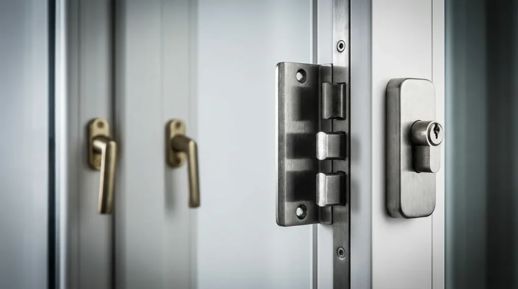 Gros plan sur une fenêtre sécurisée avec des plaques en acier renforcé, un système de verrouillage multipoint et des cylindres anti-perçage montés sur un cadre blanc. L'ensemble respire la solidité et la sécurité.