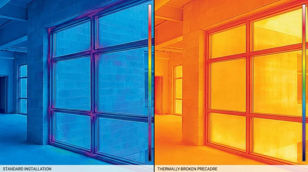Comparaison d'images thermiques d'une fenêtre : à gauche, une installation classique avec des zones bleues indiquant des pertes de chaleur ; à droite, une installation améliorée montrant une meilleure isolation avec moins de bleu.