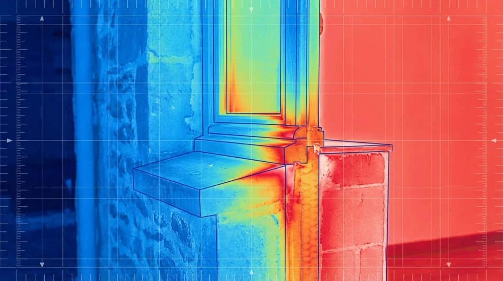 Une image thermique d'une fenêtre dans un mur d'un bâtiment français, montrant les zones de déperdition de chaleur autour du cadre. Les couleurs vives indiquent les ponts thermiques où la chaleur s'échappe.