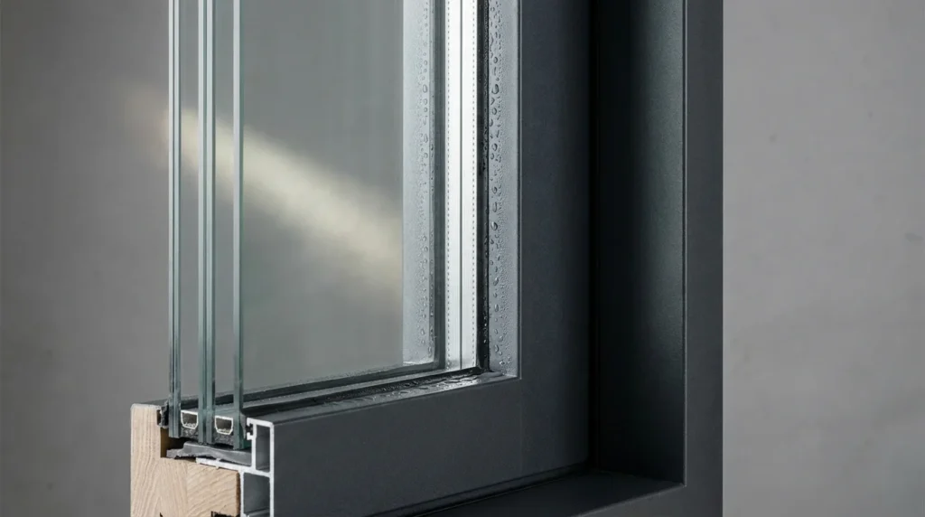 Une photo en gros plan montre une fenêtre à triple vitrage avec un cadre épais qui réduit considérablement la surface visible du verre. La lumière du soleil semble avoir du mal à traverser cette structure imposante.