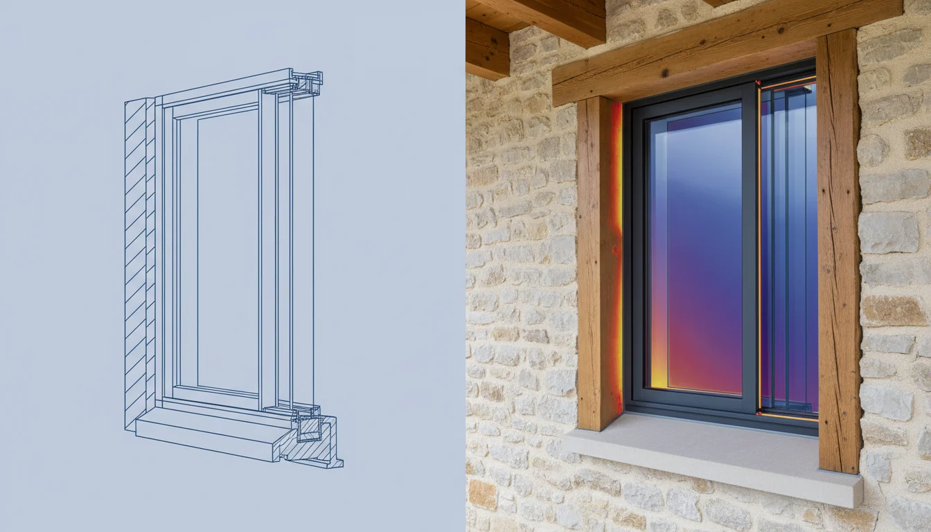 Une photo d'architecture montrant une coupe transversale d'une fenêtre à triple vitrage dans une maison moderne en France. On voit une superposition d'imagerie thermique qui révèle les motifs de transfert de chaleur.