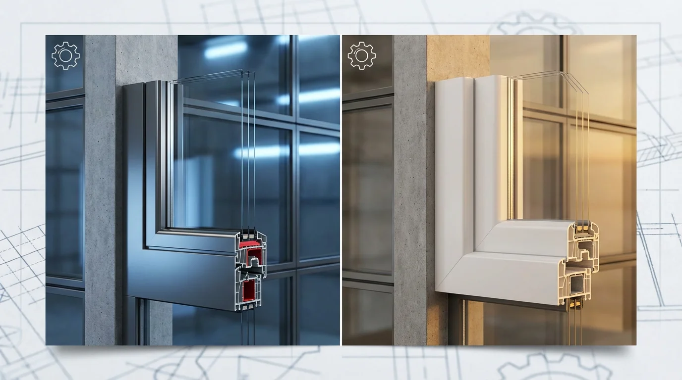 Une photo d'architecture en écran partagé montre des fenêtres en aluminium et en PVC sur la façade d'un immeuble moderne. D'un côté, des cadres en aluminium brillants et de l'autre, des cadres en PVC blanc, contrastant avec le design élégant.