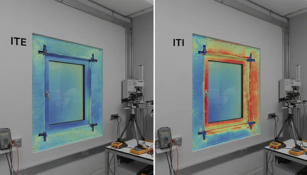 Comparaison thermique de deux fenêtres côte à côte : à gauche, une installation ITE bien faite avec isolation continue, et à droite, une installation moins efficace. Les couleurs montrent les différences de température.