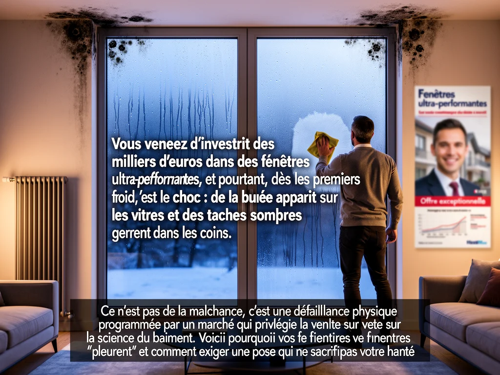 Fenêtres embuées avec condensation et moisissures, homme nettoyant.