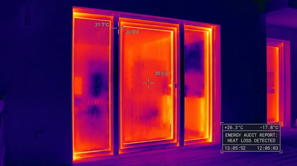 Une image thermique d'une fenêtre moderne en France montrant des fuites de chaleur. On voit des couleurs rouges et oranges vives autour des bords du cadre, indiquant les zones où la chaleur s'échappe.