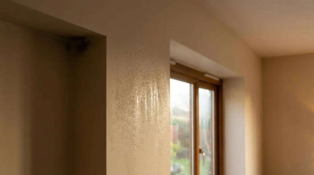Des gouttelettes de condensation se forment sur un mur intérieur près d'une fenêtre dans une maison. On voit des perles d'humidité sur la peinture, signe d'un matin frais.