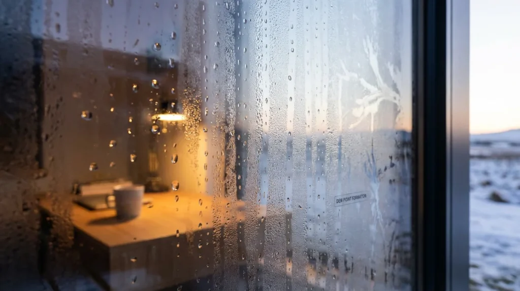 Des gouttelettes d'eau se forment sur une vitre froide en hiver, créant des motifs de condensation. À travers la fenêtre, on devine l'intérieur flou et chaleureux d'une pièce.