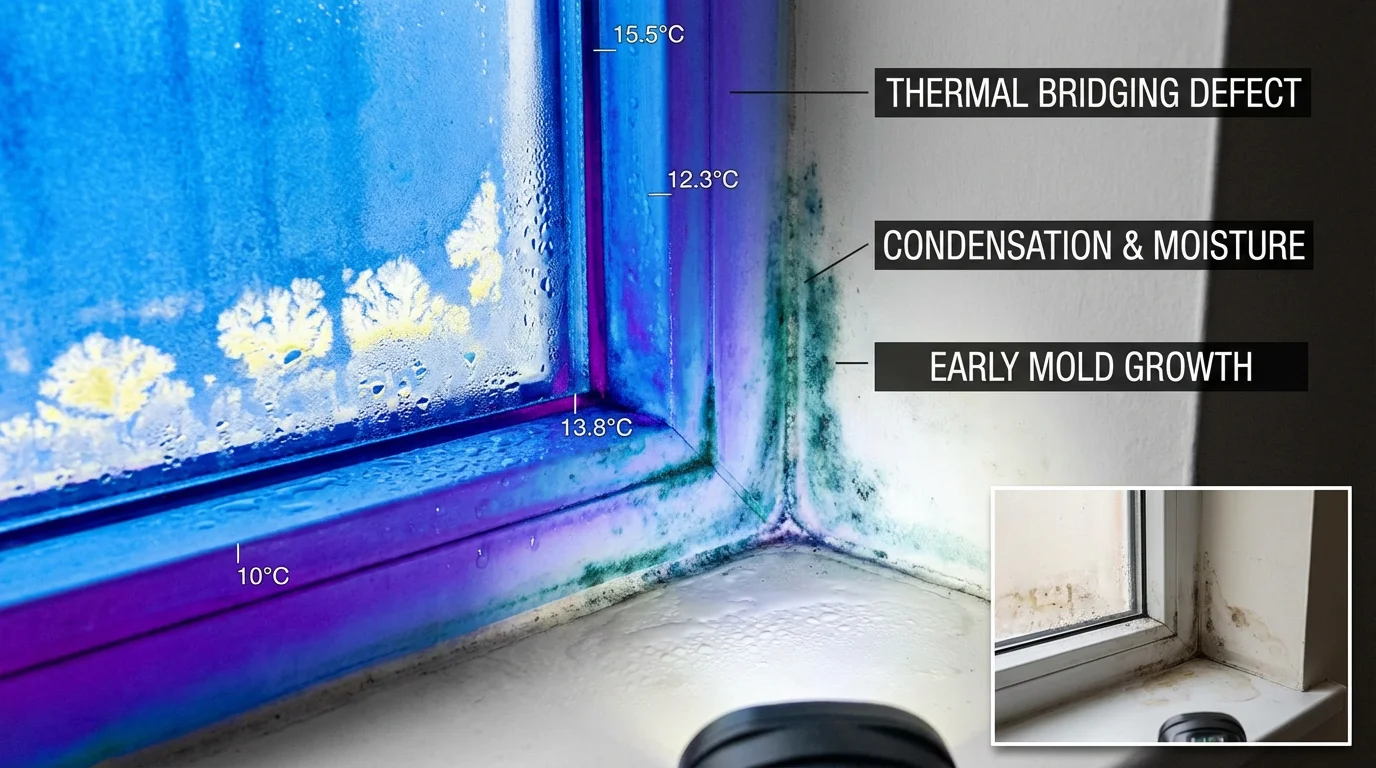 Gros plan d'une photo thermique montrant l'angle d'un mur avec une fenêtre. On voit des traces d'humidité et de condensation, avec des motifs de givre sur les bords du verre et des gouttes d'eau qui se forment.