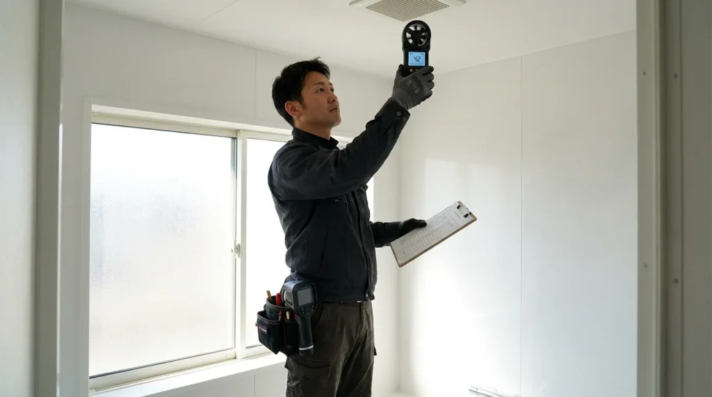 Inspecteur de bâtiment utilisant un anémomètre numérique pour mesurer le flux d'air à une bouche d'extraction VMC dans une salle de bain moderne. Une caméra thermique est accrochée à sa ceinture, et un clipboard avec une liste de contrôle est à porté